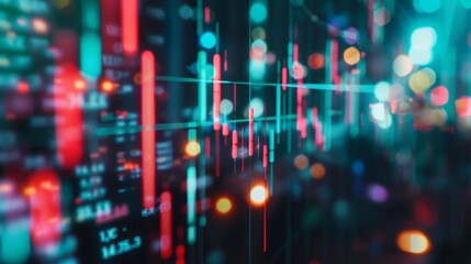 Fototapete - Close-up of a candlestick chart displaying stock market data, with indicators of price movement and volume