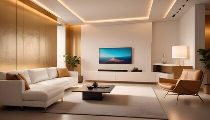 High end modern living room with white leather couch and a large flat screen tv mounted on the wall, brutalist architecture mixed with modern futuristic minimal design