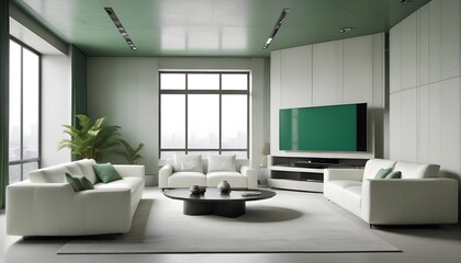 High end modern living room with white leather couch and a large flat screen tv mounted on the wall, brutalist architecture mixed with modern futuristic minimal design