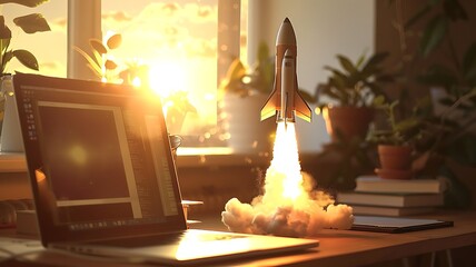 A space rocket emerging from a laptop screen in a modern workspace, surrounded by high-tech gadgets