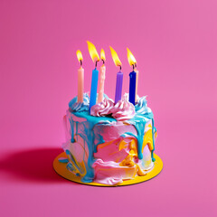 terrible bad home made birthday cake with candles, isolated on plain pink color studio background	