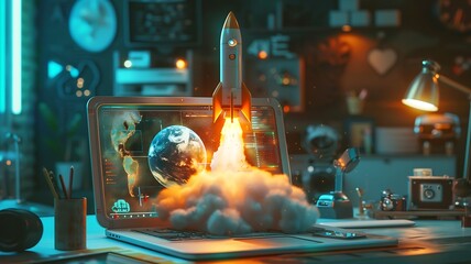 A space rocket emerging from a laptop screen in a modern workspace, surrounded by high-tech gadgets