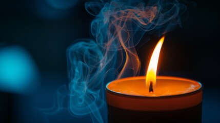 Wall Mural - Close-up of smoke rising from a votive candle, casting a soft glow in a place of worship