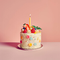 birthday cake with one candle, topped with fruit and berries and sprinkles, isolated on plain peach color studio background	