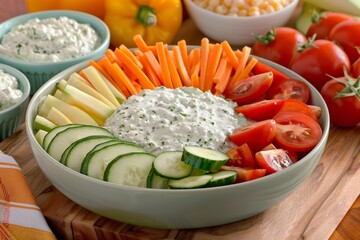 Wall Mural - Fresh vegetable platter with creamy dip on wooden table