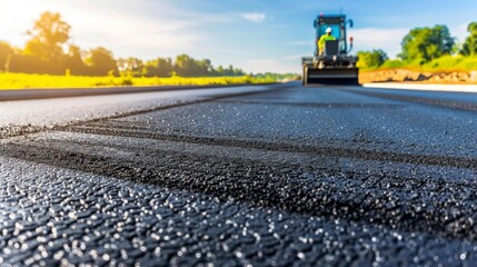 Freshly paved road with construction machinery in the background