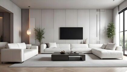 High end modern living room with white leather couch and a large flat screen tv mounted on the wall, brutalist architecture mixed with modern futuristic minimal design