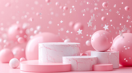 Elegant pink abstract composition with marble podiums, balls, and stars, perfect for product display, celebration, or festive theme backgrounds.