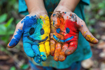 Closeup of child's hands with colorful paint, smiling faces drawn on the palms, background is out of focus, outdoor play and creativity in nature diversity of happiness and the human experience