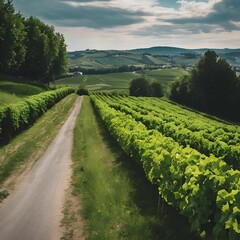 Wall Mural - AI generated illustration of a vineyard with lush green grapevines and a dirt road