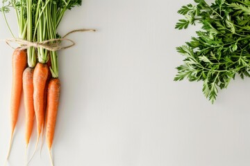 A bunch of fresh carrots and parsley displayed on a white surface