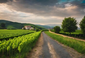 Poster - AI generated illustration of a scenic view of a country road winding through lush green vineyards