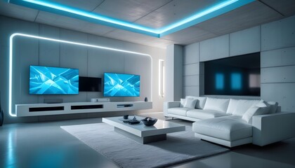 High end modern living room with white leather couch and a large flat screen tv mounted on the wall, brutalist architecture mixed with modern futuristic minimal design