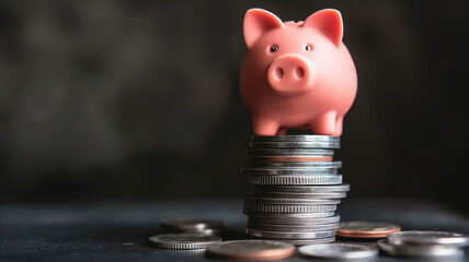 Wall Mural - Business concept. The piggy bank sits on a pile of silver coins. Businessman organizes Cash income increase and financial investment. Manager who evaluates company profits in different sectors.