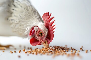 White chicken eating, white background