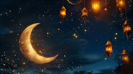 Crescent moon shining over dark sky with stars and lanterns, Ramadan celebration concept