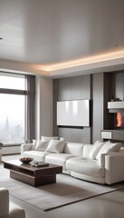 High end modern living room with white leather couch and a large flat screen tv mounted on the wall, brutalist architecture mixed with modern futuristic minimal design