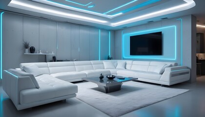 High end modern living room with white leather couch and a large flat screen tv mounted on the wall, brutalist architecture mixed with modern futuristic minimal design