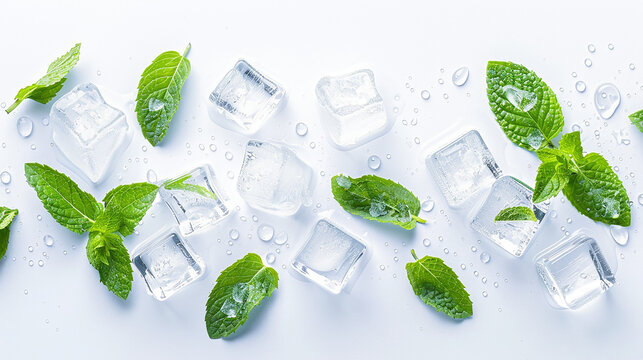 ice cubes and mint leaves on white background