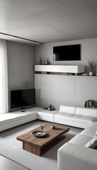 High end modern living room with white leather couch and a large flat screen tv mounted on the wall, brutalist architecture mixed with modern futuristic minimal design