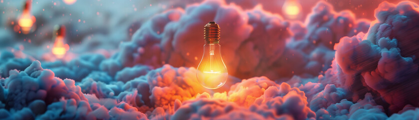 Wall Mural - Light bulbs floating in cloudy pastel smoke, concept of idea, thought or innovation