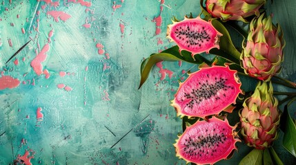 Wall Mural - Textured vintage paper backdrop with sliced red pitaya