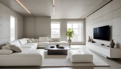 High end modern living room with white leather couch and a large flat screen tv mounted on the wall, brutalist architecture mixed with modern futuristic minimal design