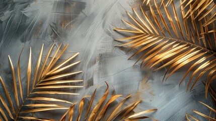 Wall Mural - Close up of golden palm leaves on gray background with ample room for text