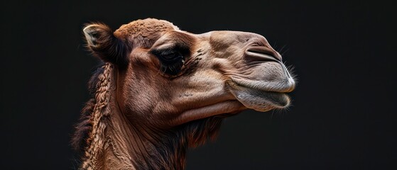 Wall Mural - closeup photorealistic Nikon photo of a camel looking away against a black background --chaos 5 --ar 7:3 --style raw --stylize 110 Job ID: e2407c8a-f7bb-45e0-a789-050863f18cc9