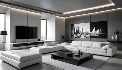 High end modern living room with white leather couch and a large flat screen tv mounted on the wall, brutalist architecture mixed with modern futuristic minimal design