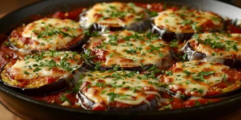 Canvas Print - Eggplant parmesan with melted cheese and herbs cooked in a skillet. Concept Italian Cuisine, Comfort Foods, Vegetarian Meals, Cheesy Recipes, Skillet Cooking