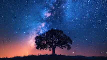 Poster - A tree is silhouetted against a starry sky