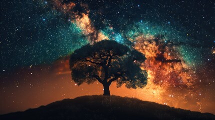 Poster - A tree is silhouetted against a backdrop of stars and a glowing orange sky