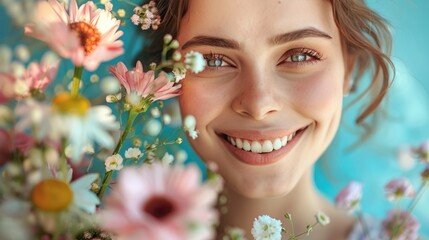 Wall Mural - A close-up of a happy woman overflowing with spring flowers, wearing a sophisticated Easter dress, and beaming with joy