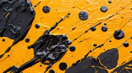 Wall Mural - Vibrant contrast of black splashes on yellow background