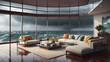 © Tik - Interior architectural hi-res editorial living room with massive glass windows overlooking the ocean, hurricane outside, torrential rain, detailed, high resolution, photorrealistic
