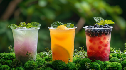 Three colorful fruit beverages in plastic cups, garnished with fresh mint, set against a lush green background, perfect for summer refreshment.
