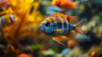 A fish with orange and blue stripes swims in a tank