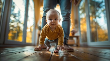 A baby's first steps. At the window, the baby learns to take her first steps with the help of her father. happy family kid dream concept. dad calls son baby first steps indoors.