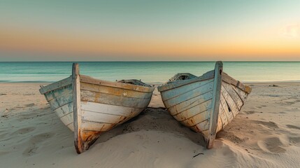 Wall Mural - Two old wooden boats on sandy beach at sunset with calm ocean and clear sky.