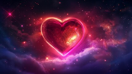 Wall Mural - Glowing pink heart in space surrounded by stars and nebula.