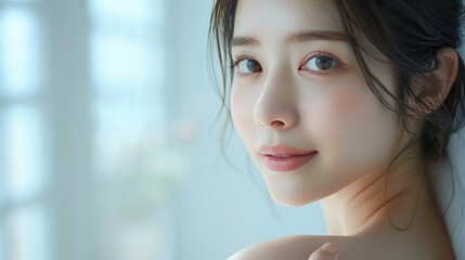 Poster - A beautiful young Asian woman with clean skin gently touching her shoulder against a white background Cosmetology skincare beauty and spa