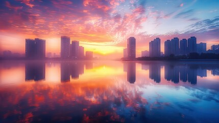 Poster - A city skyline is reflected in the water, with the sun setting in the background