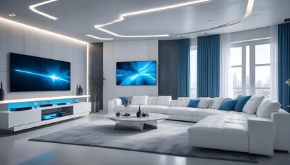 High end modern living room with white leather couch and a large flat screen tv mounted on the wall, brutalist architecture mixed with modern futuristic minimal design