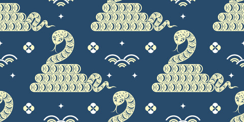 Wall Mural - Seamless pattern happy chinese new year 2025 the snake zodiac sign cut style on color background. ( Translation : snake )
