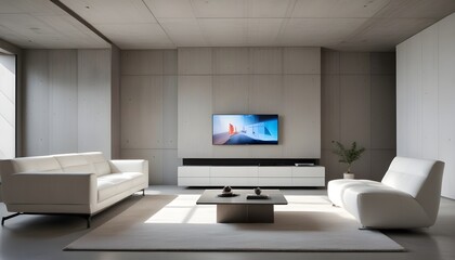 High end modern living room with white leather couch and a large flat screen tv mounted on the wall, brutalist architecture mixed with modern futuristic minimal design