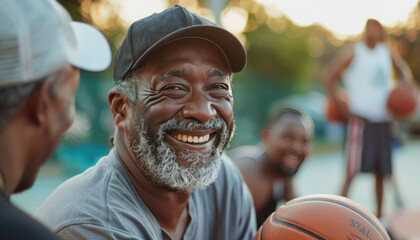 healthy older black men playing hoop in the neighborhood court 