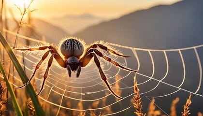 A close up photograph of a garden spider in its web with morning dew.