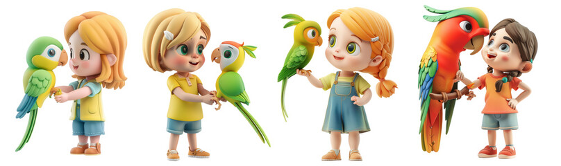 3d render set of  illustrations with happy girl playing with his parrot, dynamic active pose of kids and children in cartoon style, isolated on transparent background.