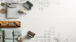 © MariКа - Abstract plan with space for text related to interior design: textures imitating furniture layout plans, sketches of modern sofa, armchair, bed with thin lines on a white background